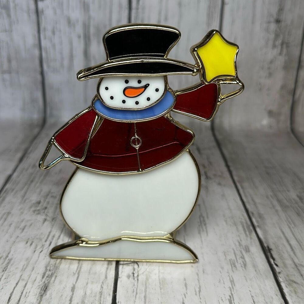 Stained Glass‎ Suncatcher Snowman Candle Holder Christmas Decor